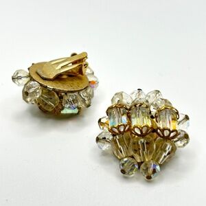 Vintage Clip On Cluster Rhinestone Faceted Iridescent Bead Earrings